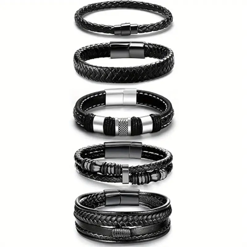 5pcs Mens Bracelet Leather and Steel Braided Cuff Bracelets Black Leather Bracelets for Men Women