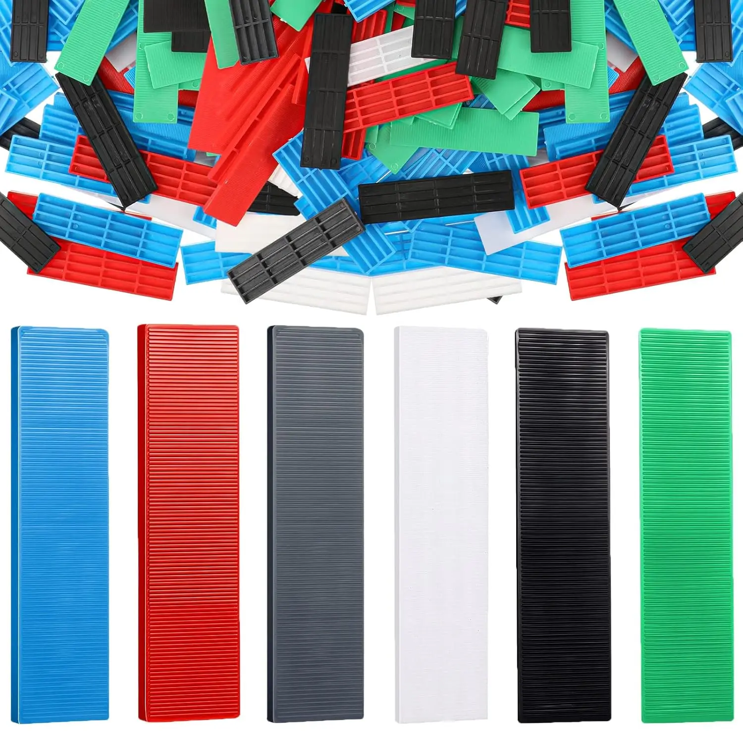 300 Pieces Plastic Flat Structural Tile Shims for Leveling, 3/64, 5/64, 1/8, 5/32, 13/64, 15/64 Inch, Green, Black, White, Grey, Blue, Red