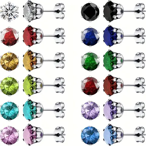 24PCS Exquisite Shiny Women Hypoallergenic Colorful Zirconia Stud Earrings 12 Pairs Stainless Steel Bohemian Round Sparkling Cubic Synthetic Zirconia Stud Earrings Birthday Gifts Wedding Anniversaries Jewelry