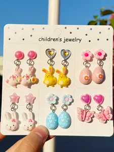 12pcs Cute Clip-on Earrings for Non-Pierced Ears - Easter Bunny/Egg & Valentine's Day Heart/Rainbow Cartoon Jewelry Set