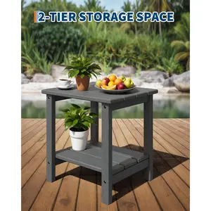 2-Tier Outdoor Side Table – 18" HDPE All Weather Patio End Table – for Outside, Pool, Deck, Backyard, Indoor – White