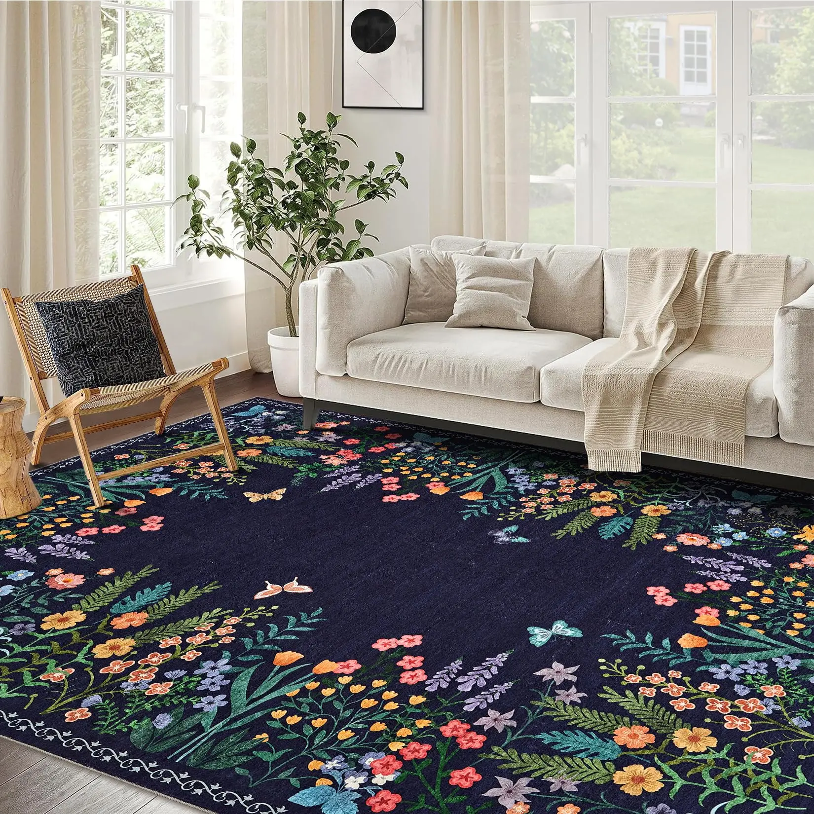 Garvee Washable 10x13 Area Rugs, Large Living Room Rug, Non-Slip Soft Floral Rugs for Bedroom, Botanical Area Rug Carpet for Dining Room Guest Room (Blue,10'x13')
