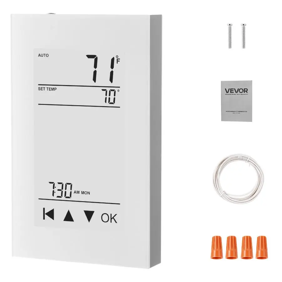 VEVOR Digital 7-Day Programmable Thermostat Controller, Home Radiant Underfloor Heating Cable & Heat Pump Thermostat, GFCI Sensitive Sensor, LCD Touchscreen, Energy-Efficient, Gray-White (Without Wifi)