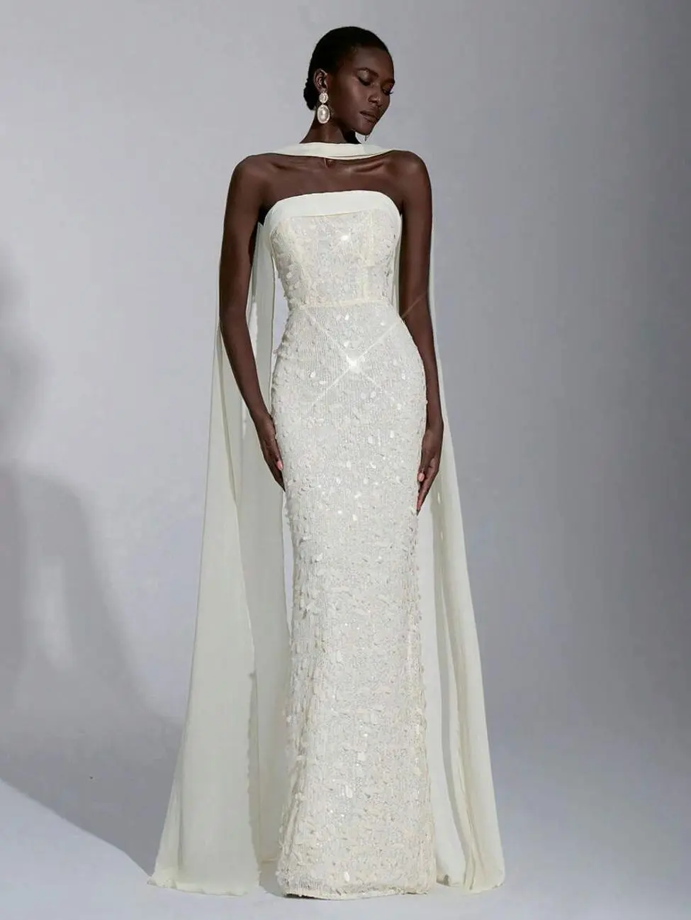 🌸 Women's Elegant Strapless Beaded Gown, 3D Embellished Bodycon Maxi Dress With Detachable Halter For Weddings And Special Occasions.