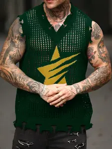 Men's Summer Autumn Street Style Knit Vest, Hollow Out Vintage Cutout Design, Colorblock Jacquard, Casual Comfortable, Daily Wear & Beach Trip