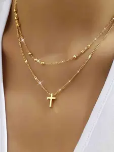 Fashion Cross Pendant Necklace, Double Layer Beaded Chain, Simple Versatile Women's Jewelry, Daily Party Wear, All Seasons, Cross Necklaces