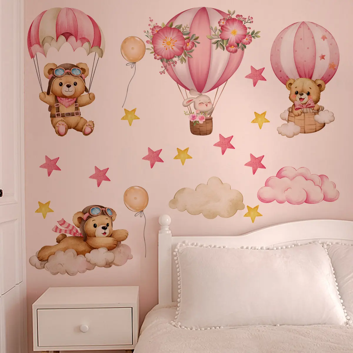 A (30*90cm) hot air balloon bear 2D flat wall sticker, home decoration self-adhesive wall sticker, Decorative wall sticker, Decorative Decal, Decorative Stickers, Decoration Items, M20244