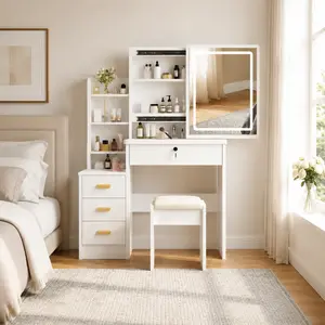 Vanity Desk with LED Lighted Mirror & Cushioned Stool, 3 Color Modes Adjustable Brightness Makeup Table with 4 Drawers & Open Shelves, Lockable Jewelry Drawer, Large Storage Bedroom Dressing Table for Women Girls