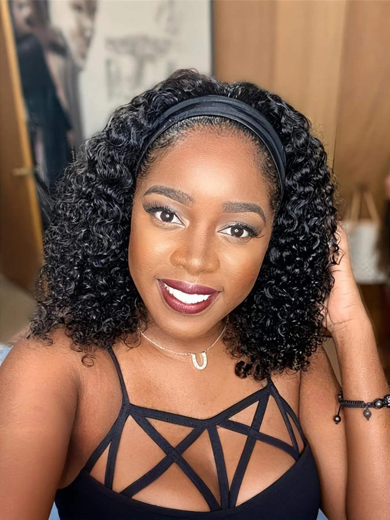 Belle Show Headband Wig for Women, Deep Wave 10 Inch, Curly Hair, Glueless, Machine Made, No Lace, Synthetic Wavy Curly Wig for Daily Use, Synthetic Curly Wigs