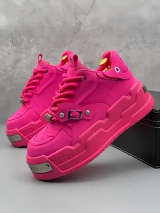 Unisex Party Statement Casual Sneakers: Full Barbie Pink Upper, Metal Buckle, Cushion Platform. For Party Looks/Head-Turning Style