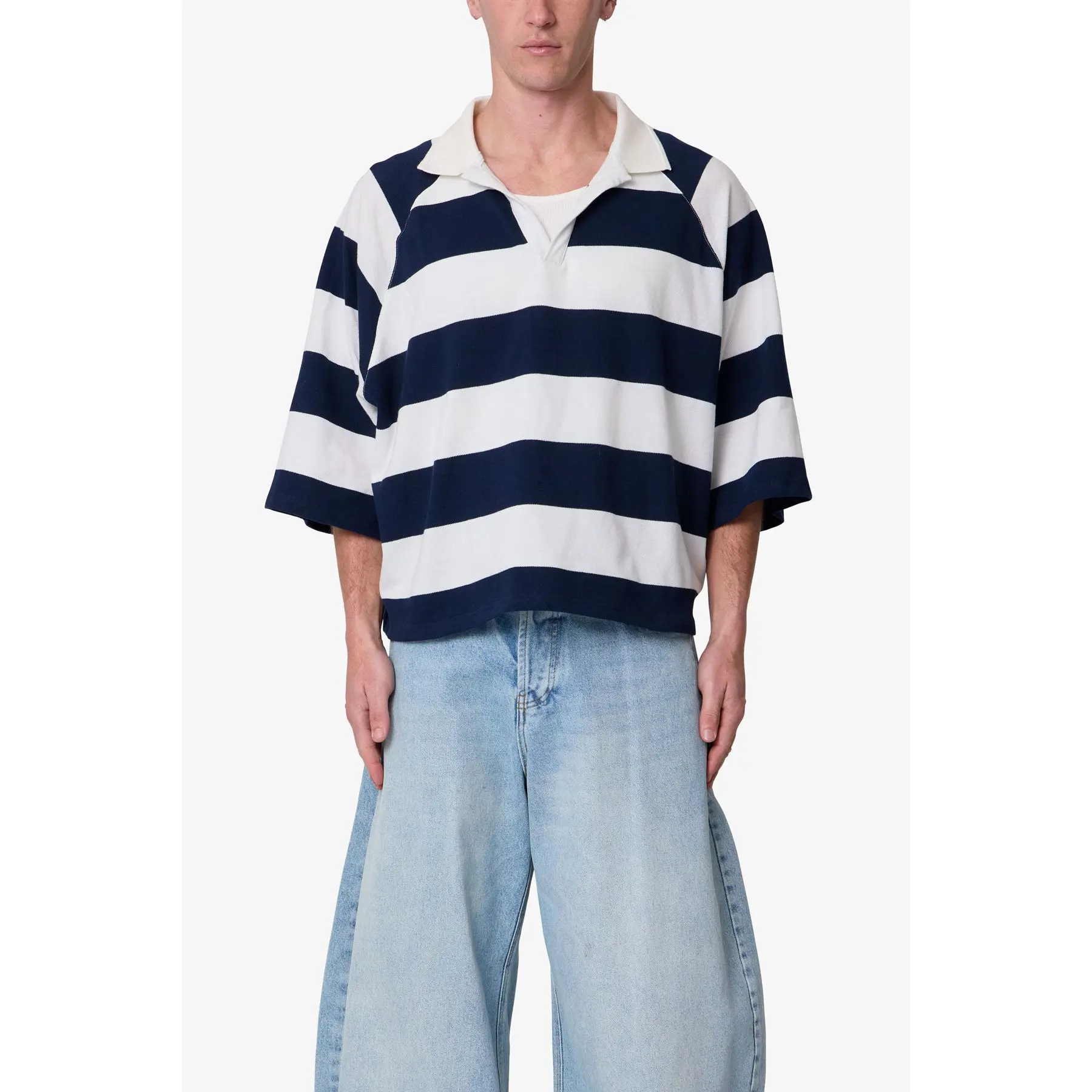 mnml Wide Striped S/S Polo Shirt - White/Navy mnml Wide Striped S/S Polo Shirt - White/Navy