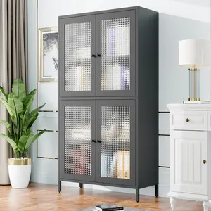 Hardware Classic Metal Storage Cabinet Display Cabinet with 4 Glass Doors 4 Shelves Cabinet  Bookcase Side Cabinet for Home Office Living Room Kitchen Hallway - Black, Waffle Grids Tempered Glass