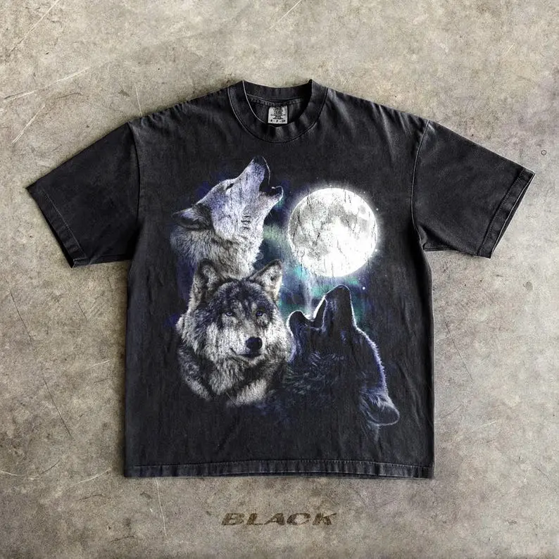 Howling Wolves Vintage 90s Graphic Shirt, Retro Comfort Colors® Wolf Moon Tee, Wild Free, Loyal Wolf Retro Top,Grey Wolf Washed Oversize Tee