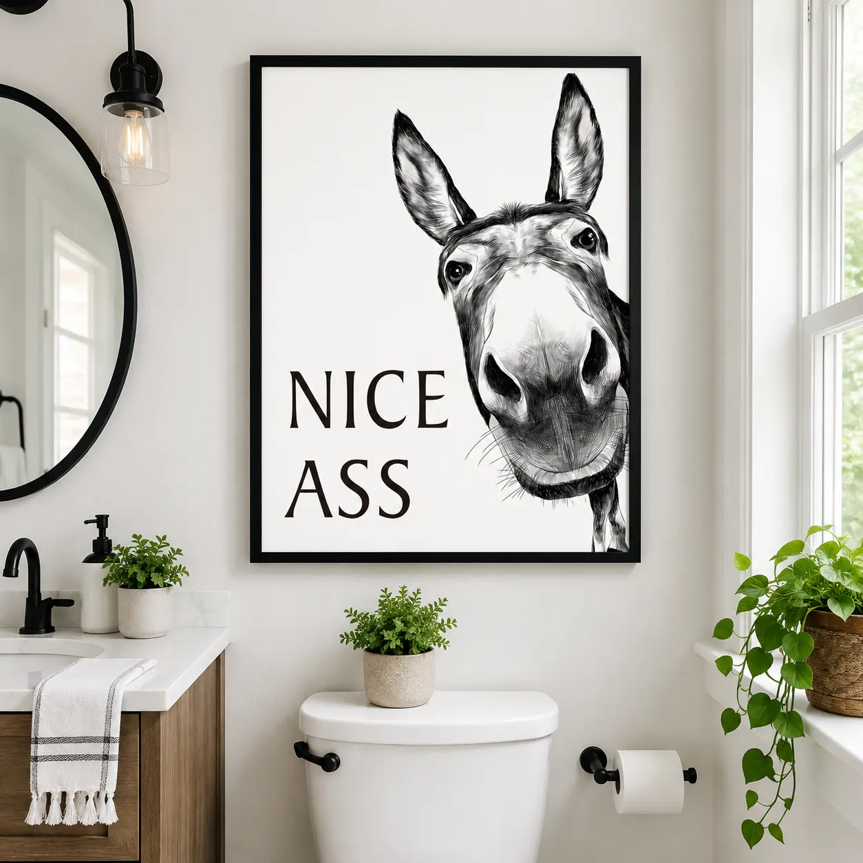 Framed Artistic Bathroom Wall Art - Funny "Nice Ass" Donkey Print, Farmhouse Home Decor for Bathroom Wall Decor Sets