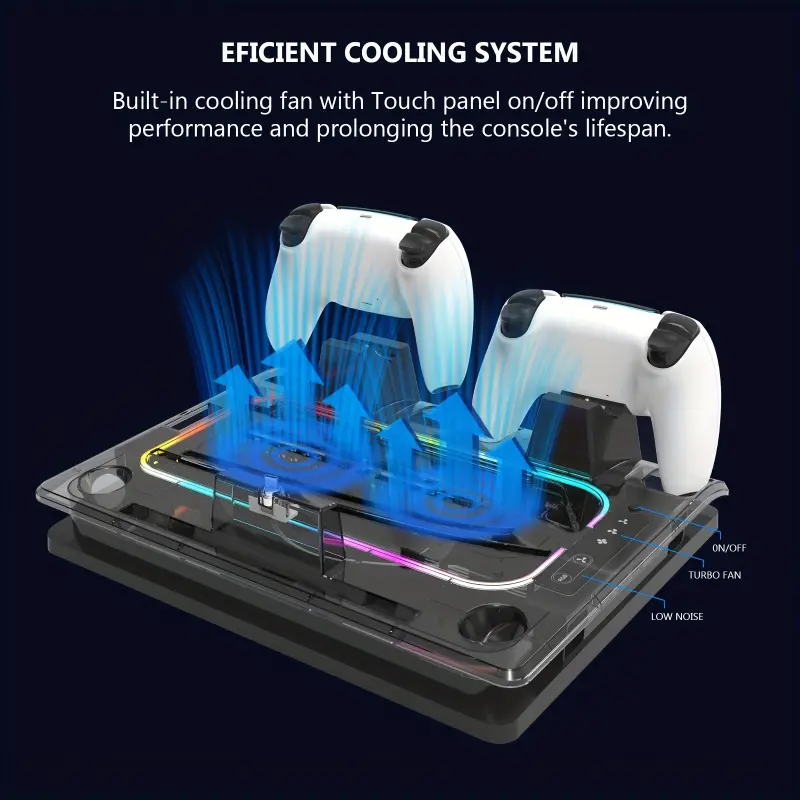 Cooling base for PS5/PS5 Slim, featuring controller charging function, cooling fan, and seven RGB gaming lighting effects, Game Console Accessories