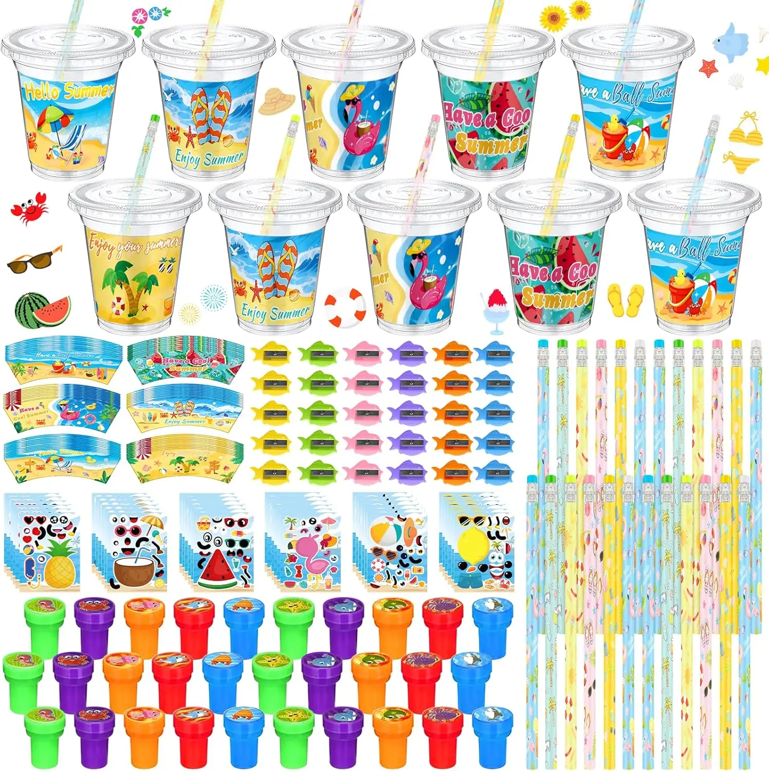 180-Piece Bulk Teacher-to-Student End-of-Year Gift Set, Multi-Pen & Novelty Sticker School Supply Sets Including Cup, Pencil Sharpener, Stamp, Card for Graduation Classroom Party Exchange Prizes, Multi-Pen School Supply Sets