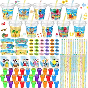 180 Pcs End of Year Students Gift from Teacher Bulk Summer Beach Stationery Gifts Include Cup Pencil Sharpener Sticker Stamp Card for Students Graduation End of Year Classroom Party Exchange Prize