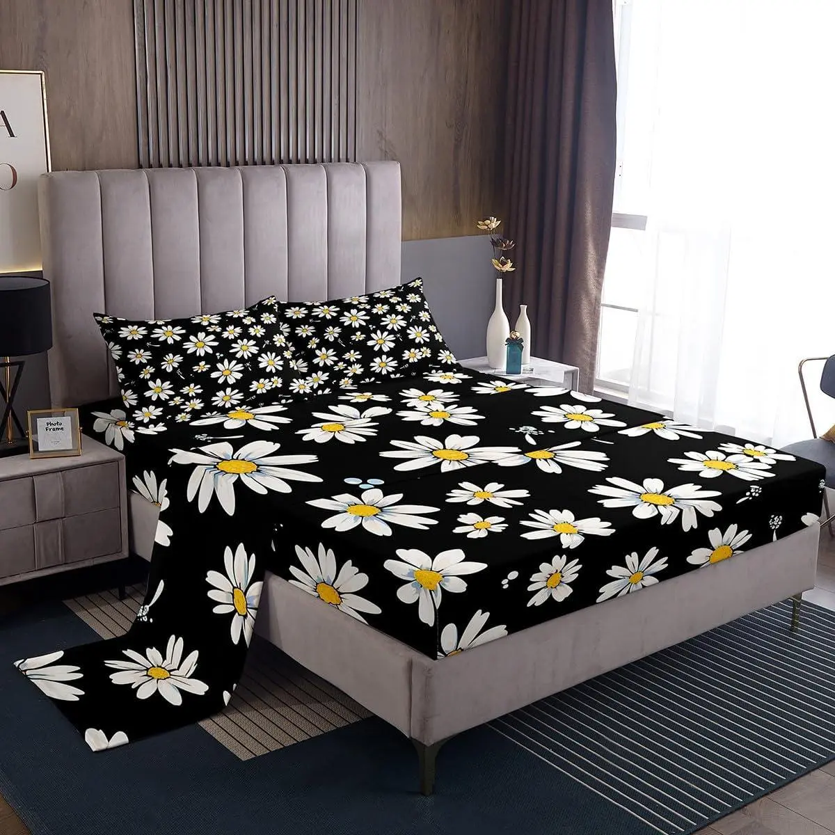 Daisy Sheet Set,Kids Black White Yellow Bed Sheets Set,Daisy Flowers Bedding Set for Boys Teens Sheets Soft Room Decor (1 Flat Sheet+1 Fitted Sheet )