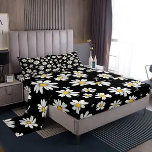 Daisy Sheet Set,Kids Black White Yellow Bed Sheets Set,Daisy Flowers Bedding Set for Boys Teens Sheets Soft Room Decor (1 Flat Sheet+1 Fitted Sheet )