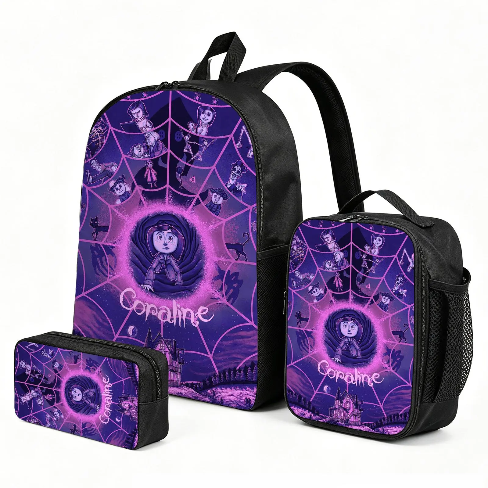 Coraline Trending Cartoon Print Backpack 3-Piece Set | Cute Bookbag for Boys and Girls| Kids Lunch Box and Pen Pouch Combo Gift
