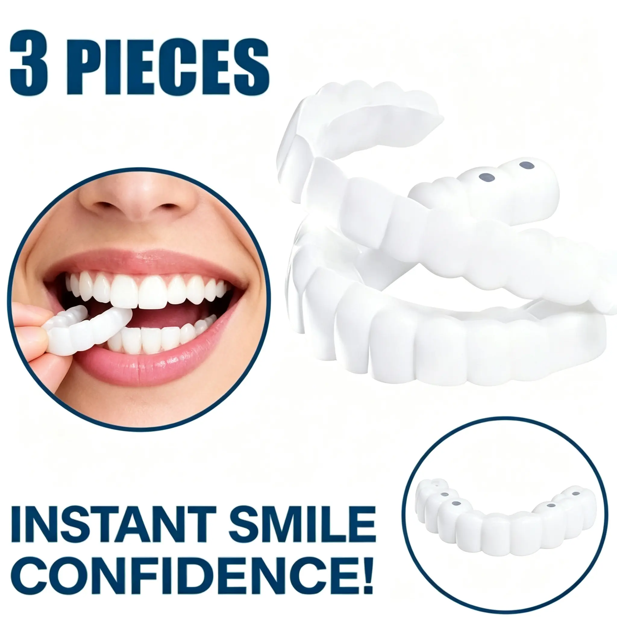 [3PC]Snap-On Silicone Teeth Whitening Veneers Soft, Flexible Cosmetic Teeth Covers Invisible & No Glue Needed Photo-Ready Smile Enhancer Instant Visual Look Enhancer