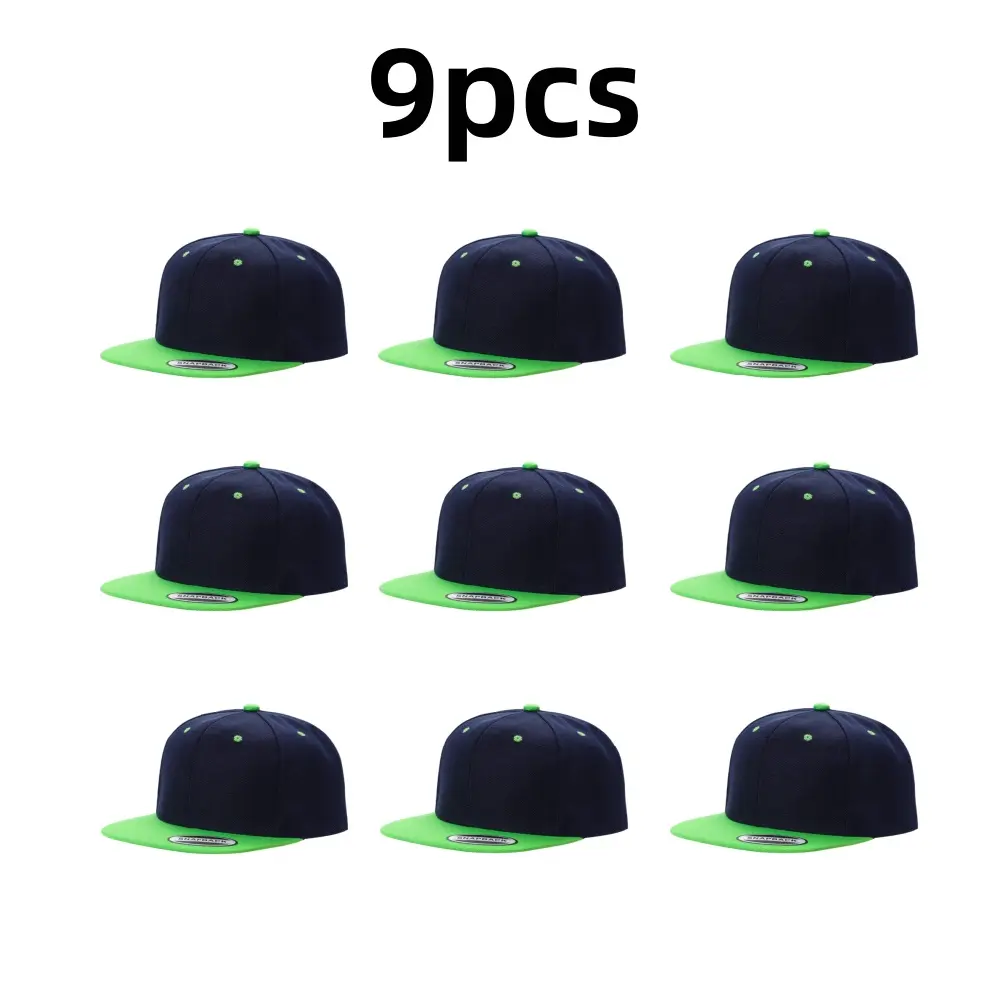 9pcs Two-tone navy blue neon green flat hats in bulk, blank color block adjustable flat brim baseball caps wholesale, unisex plain cap prepared for men and women of embroidered printed street wear sun hats