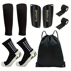 5-Piece Pro Football Training Set with Letter Print Sports Socks, Shin Guards, Calf Sleeves, Athletic Tape and Backpack Soccer Training Gear