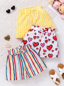 Toddler Girls Cute Patterned Shorts Set of 3 pieces, Soft Breathable Fabric with Bow Drawstring, 3 Styles (Yellow Gingham/Pink Heart/Color Stripe) for Playdates