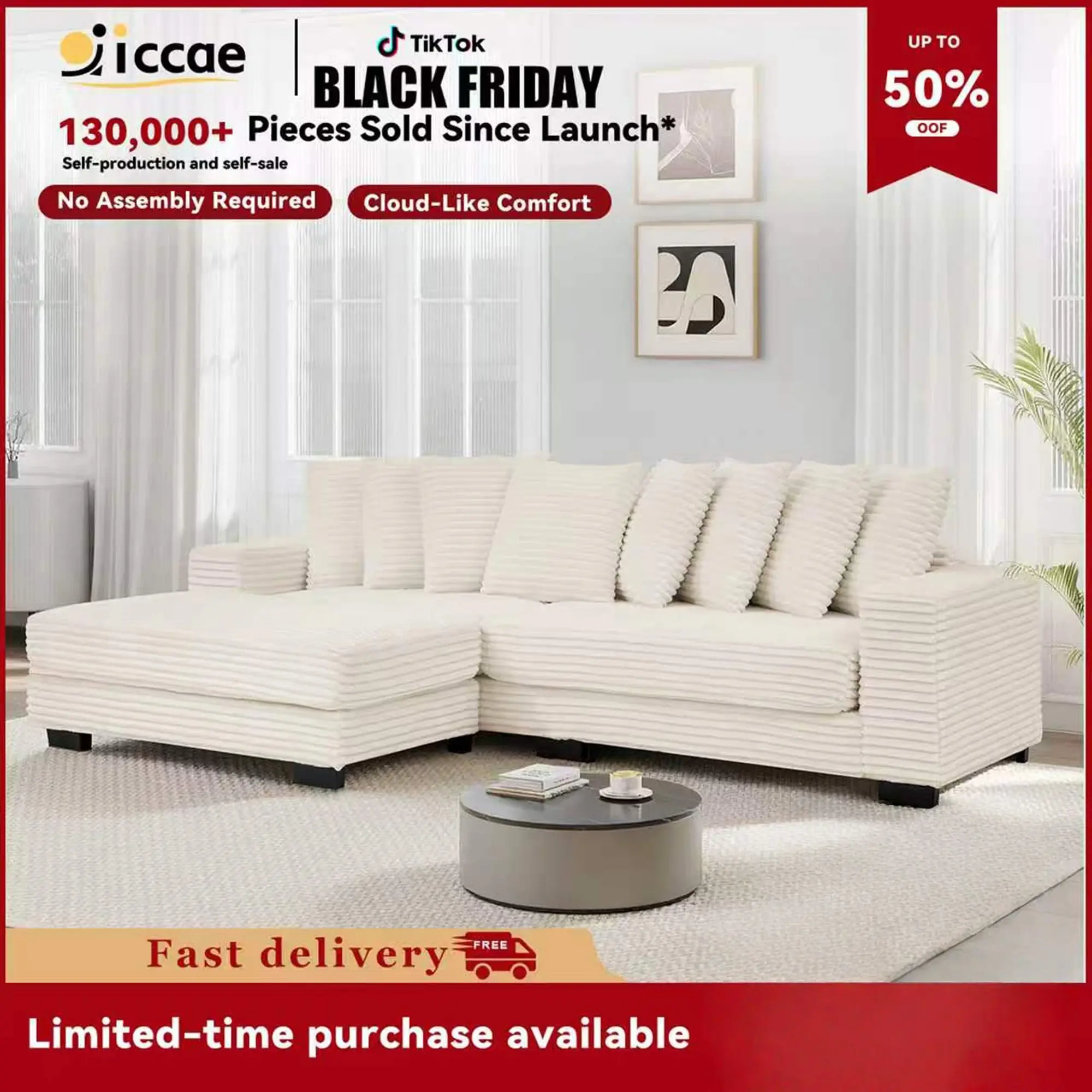 【3 Packages Shipping】 Niccae 111'' Modern L-Shaped Sectional Sofa with Chaise Daybed + Extra-Wide Lounge Couch + 8 Complimentary Gift Pillows, Perfect for Family Living Rooms or Apartments Corduroy Loveseat