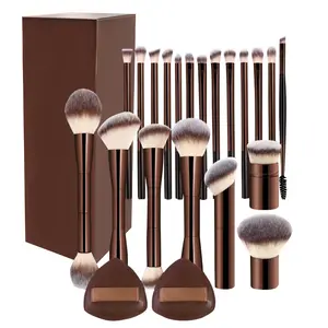 20-piece coffee-colored aluminum tube makeup brush set, mushroom head loose powder brush, retractable makeup brush, non-absorbent powder puff