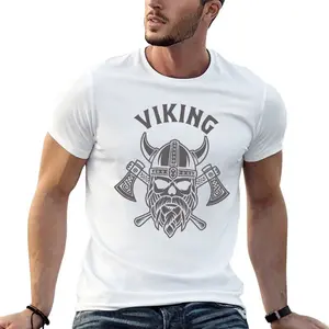 Viking Skull & Crossed Axes Norse Warrior T-Shirt Fitted Short Sleeve Crew Neck Casual Summer Medium Length Retro Nordic Heritage Apparel