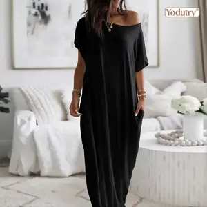 Yodutry | Summer Fresh Women Solid Color Casual Dress Short Sleeve Long Style Soft Lightweight Fabric Comfortable Loose Fit Simple Elegant Design Daily Outdoor Wear Versatile Fashion Style High Quality Material Modern Female Apparel