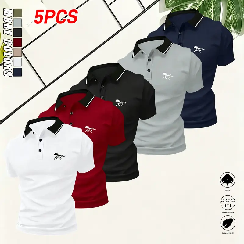 5-piece set for men’s summer short sleeves, quick-dry fabric, suitable for casual gatherings, vacations, and travel, featuring contrasting collar and sleeve cuffs—minimalist, fashionable menswear.
