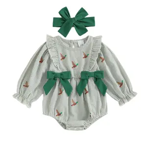Emmababy Newborn Baby Girls Duck Fall Clothes Striped Duck Embroidery Ruffled Long Sleeve Bubble Romper with Headband Infant Girl Outfits Set 0-18 Months