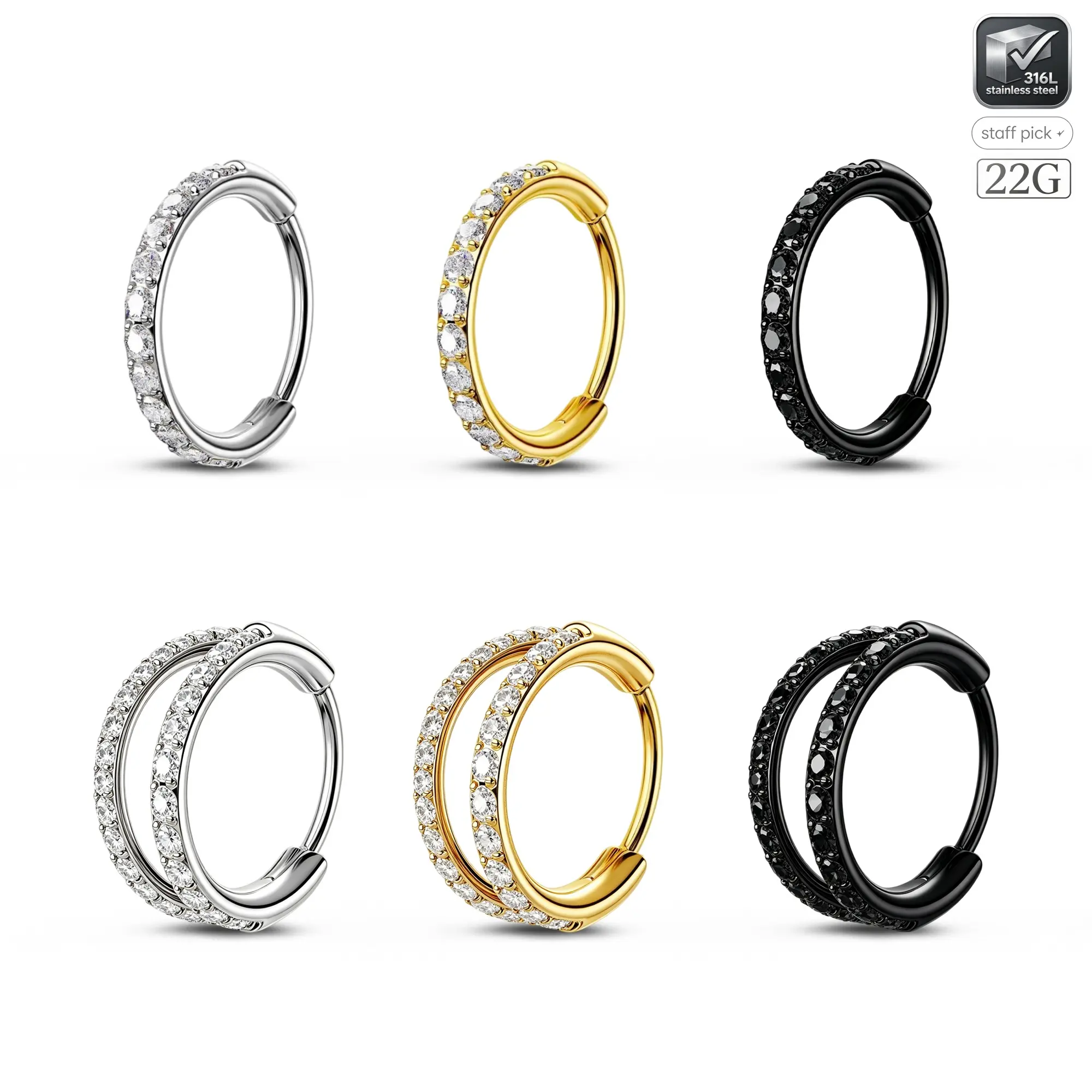 OUFER 22G Sparkle CZ Non Tarnish Tarnish Proof 316L Stainless Steel Hinged Segment Hoop Nose Ring, Unisex Body Jewelry for Nostril & Septum Piercing, 6mm-8mm Septum Ring, Non Tarnish Jewelry