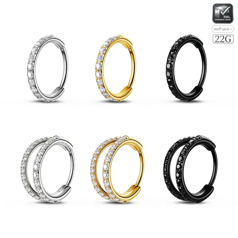 OUFER 22G AAA+ CZ Shine 316L Stainless Steel Hinged Segment Hoop Nose Ring, Tarnish Proof Unisex Body Jewelry for Nostril & Septum Piercing, 6mm-8mm Septum Ring