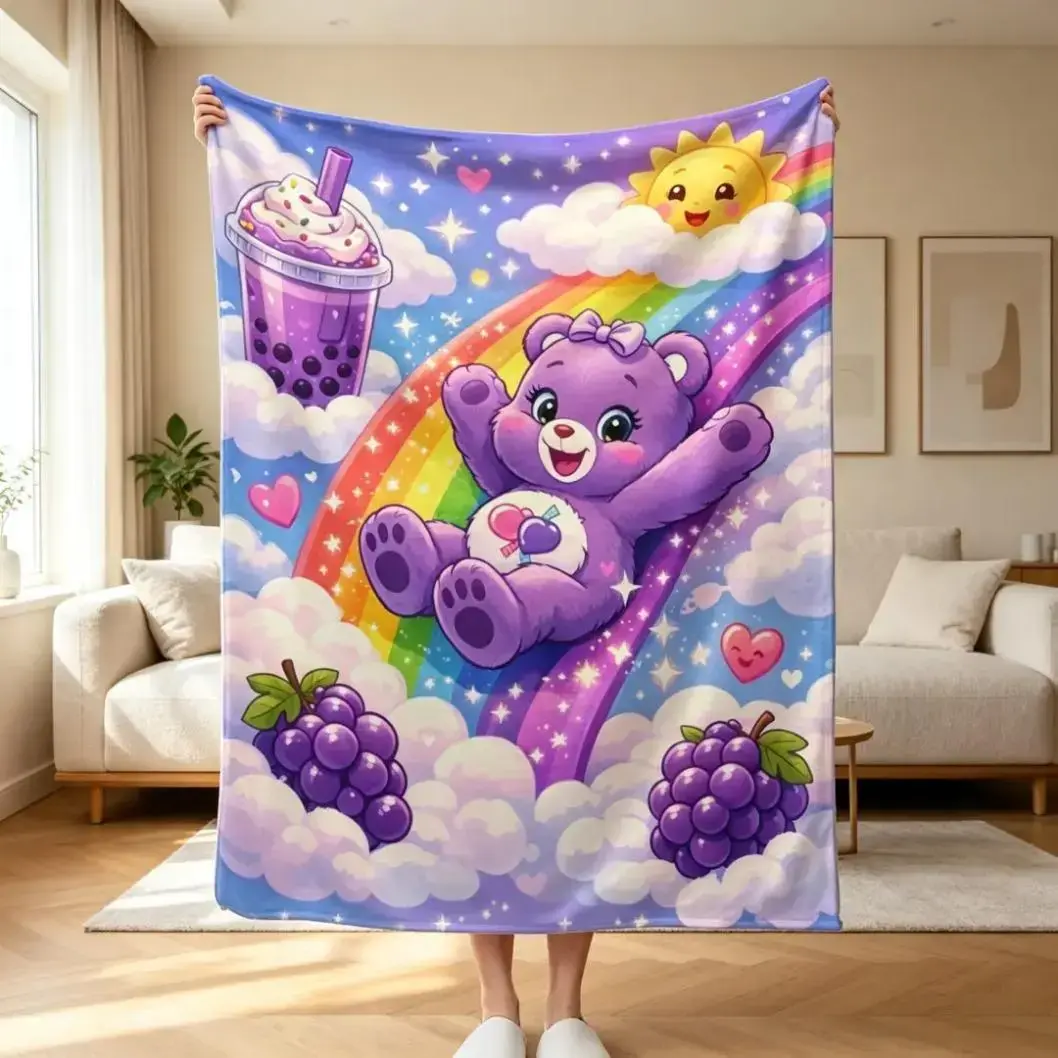 Cute Pink Rainbow Bear Flannel Throw Blanket - Soft Plush Cartoon Bear Fleece, Gentle Colors, Cozy Warm Lightweight, Ideal for Bed Sofa, Kids' Birthday Holiday Gift, Bedding Decor