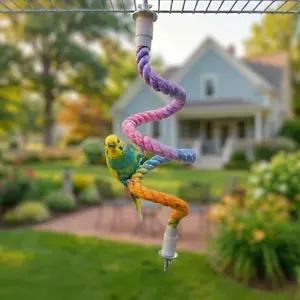 Colorful Ombre Bird Rope Perch, Flexible Bungee Climbing Rope for Parrots, Dual Headed Metal Screw Top Stand, Durable Cotton & Wire Toy Outdoor