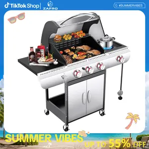 R.W.FLAME【Summer Vibes】 3 Burners Propane Gas Grill with Side Burner, 34000 BTU BBQ Grills for Outdoor Cooking, Enamel-coated Wire Grate, Removable Grease Tray, Barbecue Grill for Camping, Backyard, Patio, Deck Modern Dinner Stainless Steel Portable