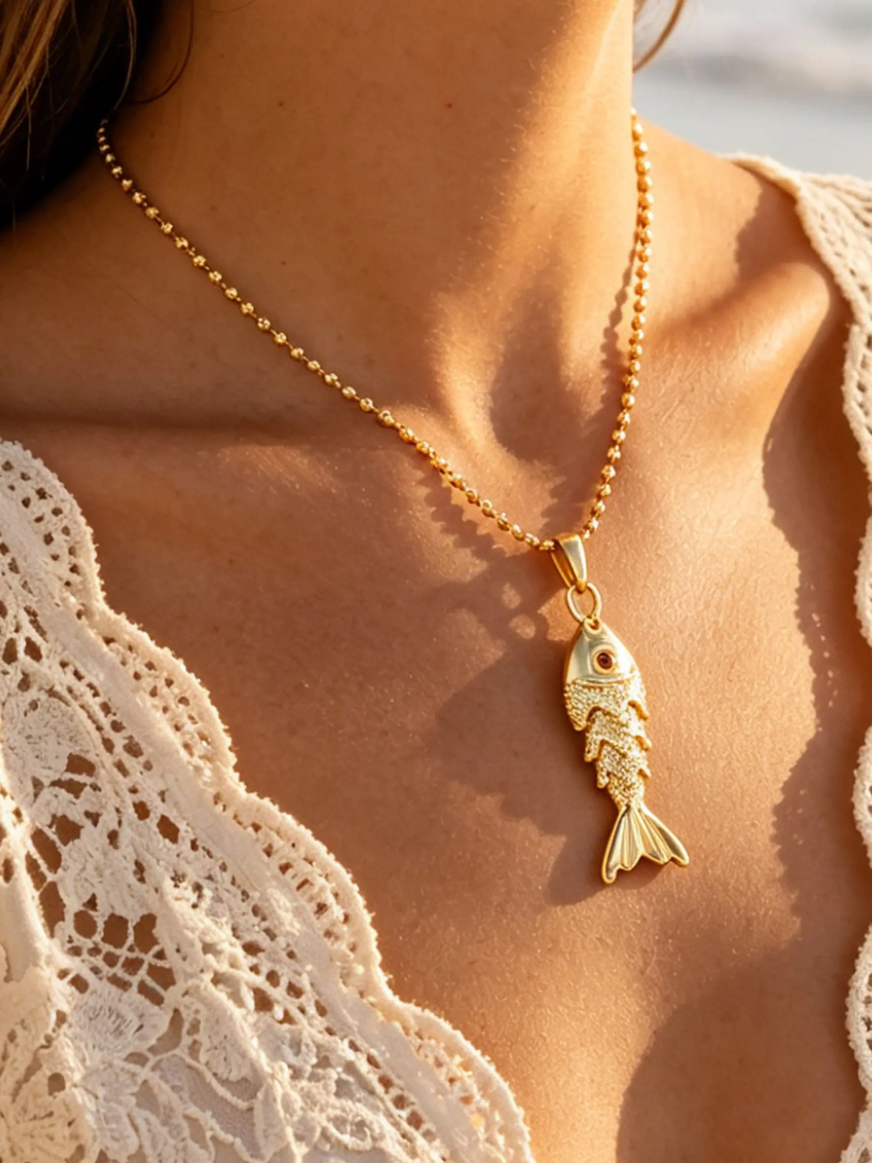 Elegant Adjustable Fish Pendant Necklace, Bead Chain, Bohemian Vacation Style Women's Jewelry, Fashionable Accessory, Boho Style Jewelry