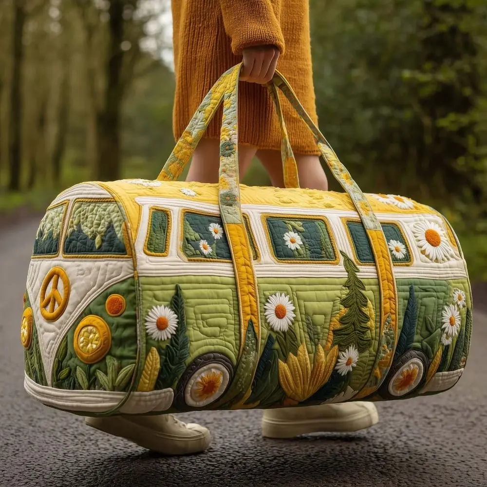 Retro VW Bus Embroidered Travel Duffel Bag | Weekender | Carry on Bag | Sleep over Bag | Colorful | QuiltGlow Handbag  — Fashionable Travel Made Easy