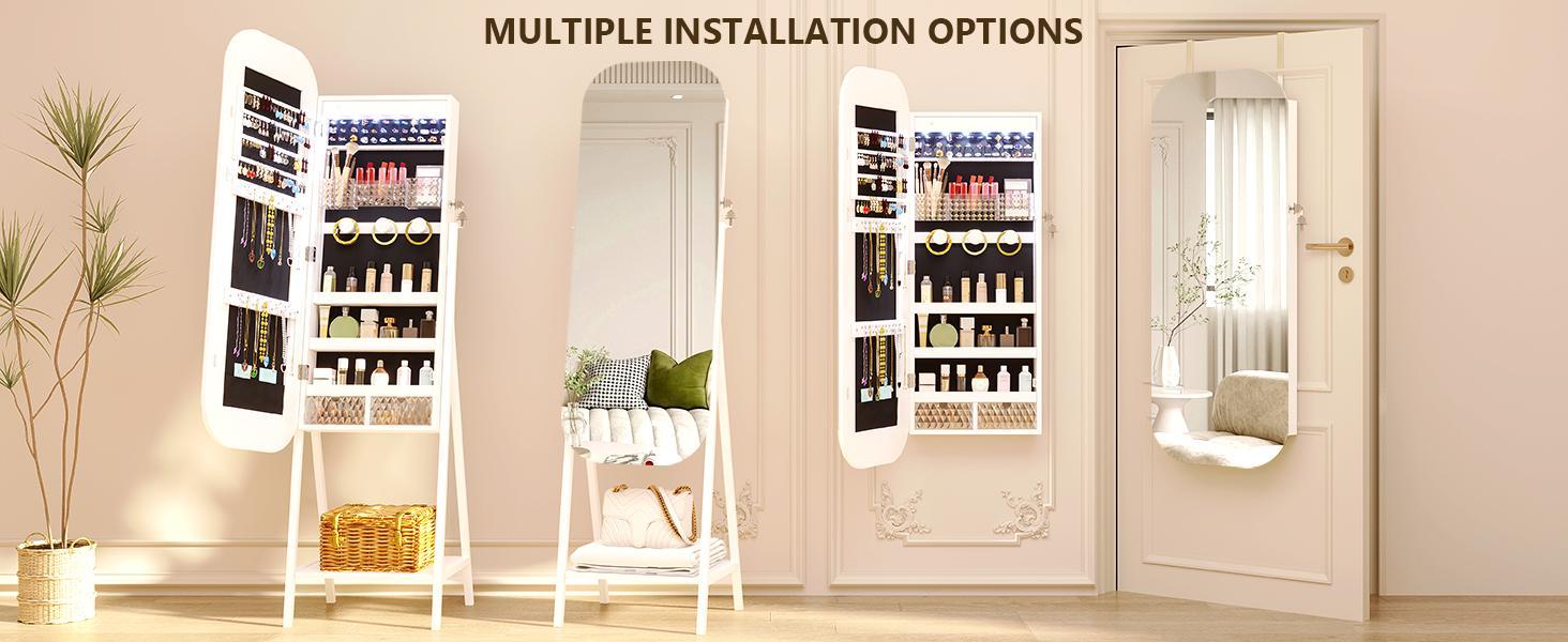 Miu LED Mirror Jewelry Cabinet, Wall/Door Mounted Full Length Mirror with Storage, Lockable Jewelry Armoire with Mirror, Rounded Corner Hanging Mirror Jewelry Organizer