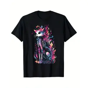 Creepy Cute Cat Skeleton T-Shirt - Pastel Goth Graphic Tee for Men - Perfect for Spooky Celebrations