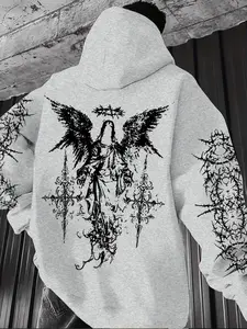 Gothic Angel Thorn Print Hoodie, Fitted Soft Comfortable Home Casual Wear, Dark Street Style, Perfect for Relaxing at Home and Urban Outings