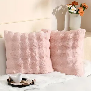 4Pack 18x18 Inch Pink Faux Rabbit Fur Bubble Throw Pillow Cover Thick Plush Dense Fuzzy Decorative Cushion Covers For Couch Bedroom