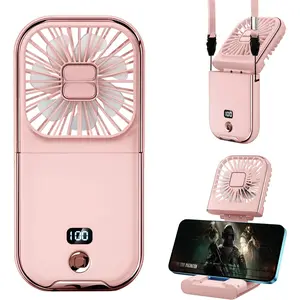 Upgraded 5-in-1 Portable Handheld Fan, Necklace Fan, Mini Desk Fan, Foldable Phone Stand,  Backup Power, Quiet USB Rechargeable Personal Fans with LED Digital Screen (Pink)