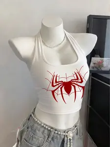 American Style Spider Print Backless Crop Top, Slim Fit Halter Neck Design, Sexy Short Sleeveless Shirt for All Seasons