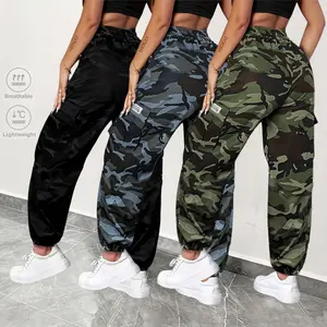 Women’s 3-piece camouflage cargo pants set including jogging pants; high-waisted elastic drawstring camo pants; lightweight, breathable streetwear cargo pants with pockets.