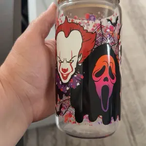 Mess up Halloween 16oz UVDTF Glass Can Cup with Spooky Design Featuring Pennywise and Scream Face