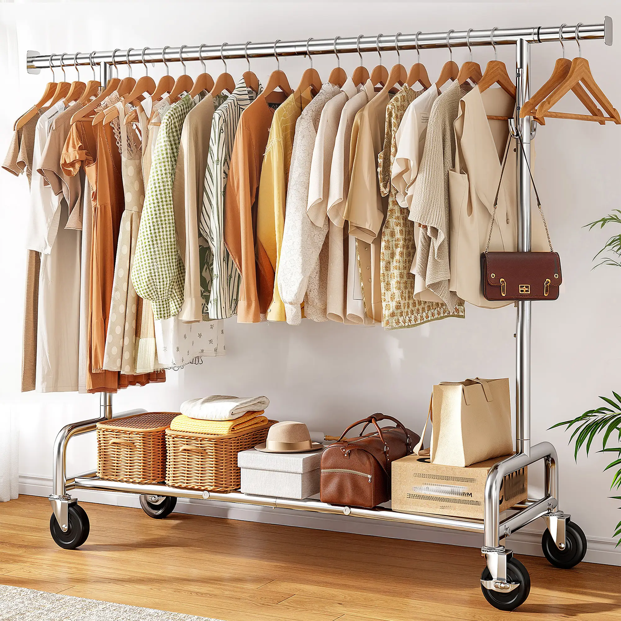 Raybee Furniture Clothes rack for hanging Clothes Rack with Hooks, Extendable & Height Adjustable Clothing Rack, Heavy Duty Clothes Racks Holds Up to